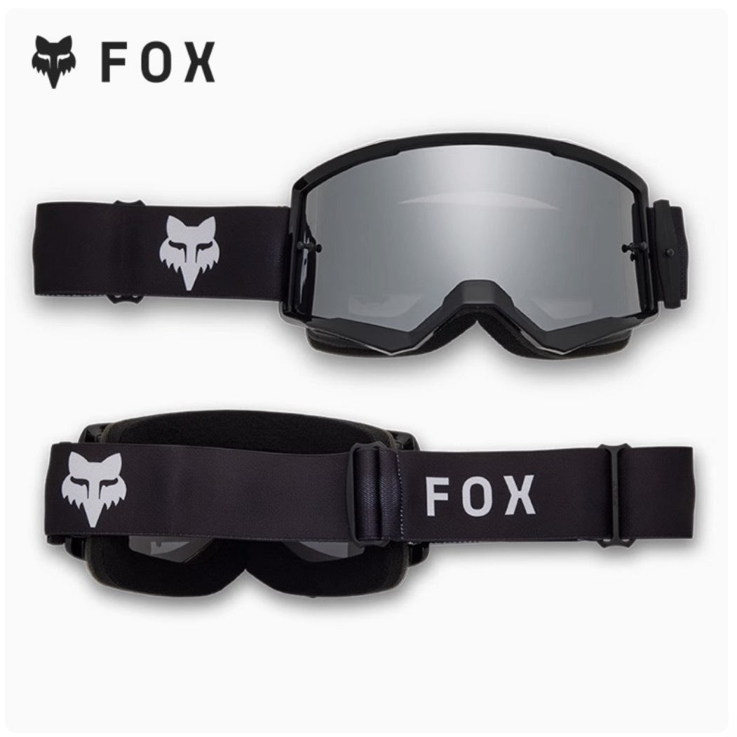 Black goggles with Fox logo on a white background