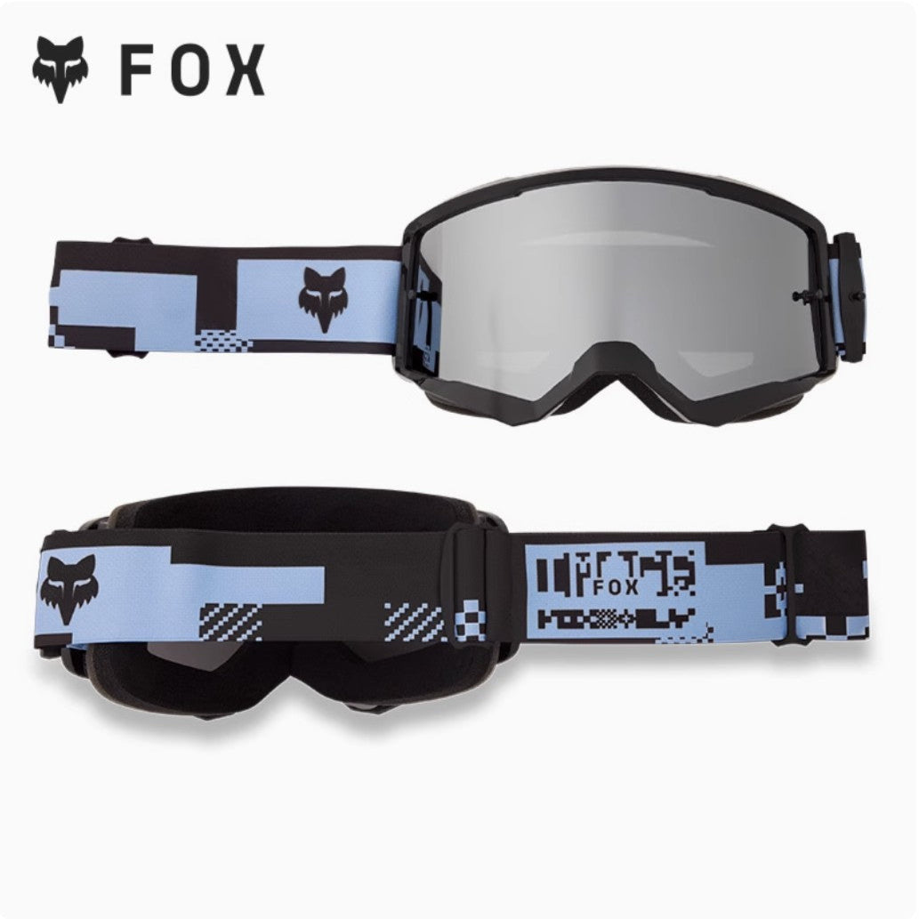 Fox branded goggles with blue and black strap on a white background