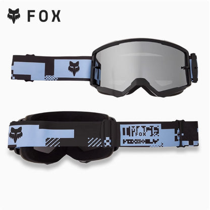 Fox branded goggles with blue and black strap on a white background