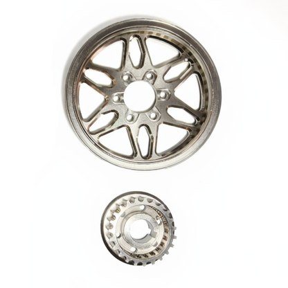 Metallic wheel rim and hub on a white background