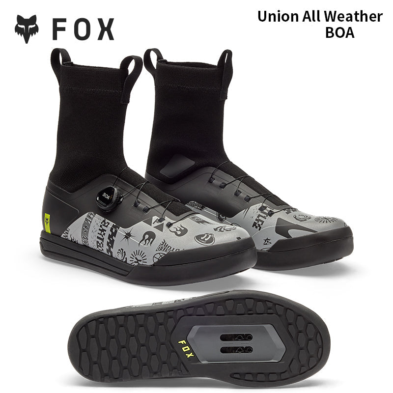 Black and gray athletic shoes with patterned soles, featuring the FOX brand logo.