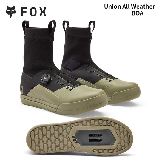 Pair of green and black shoes with BOA system on a white background, featuring the FOX brand.