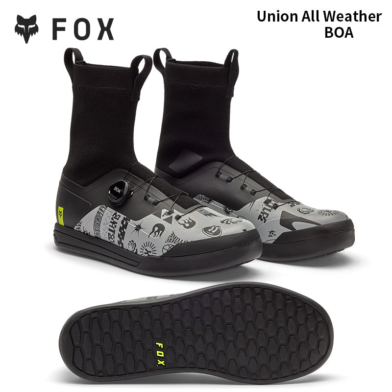 Black and gray shoes with patterned design, featuring the Fox logo and 'Union All Weather BOA' text.