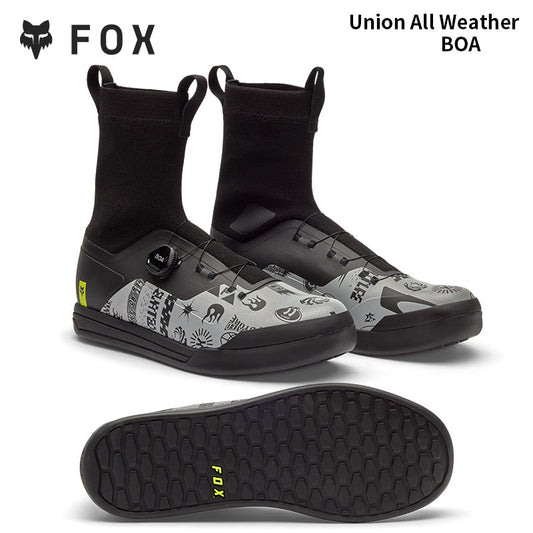 Black and gray shoes with patterned design, featuring the Fox logo and 'Union All Weather BOA' text.